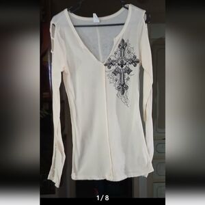 Affliction Cream and Black Cut Out Graphic Blouse